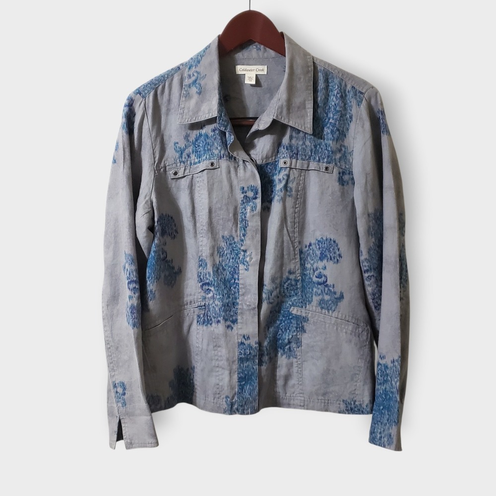 Coldwater Creek Womens 14 Gray Blue Floral Ikat 100% Linen Snap‎ Button Jacket
